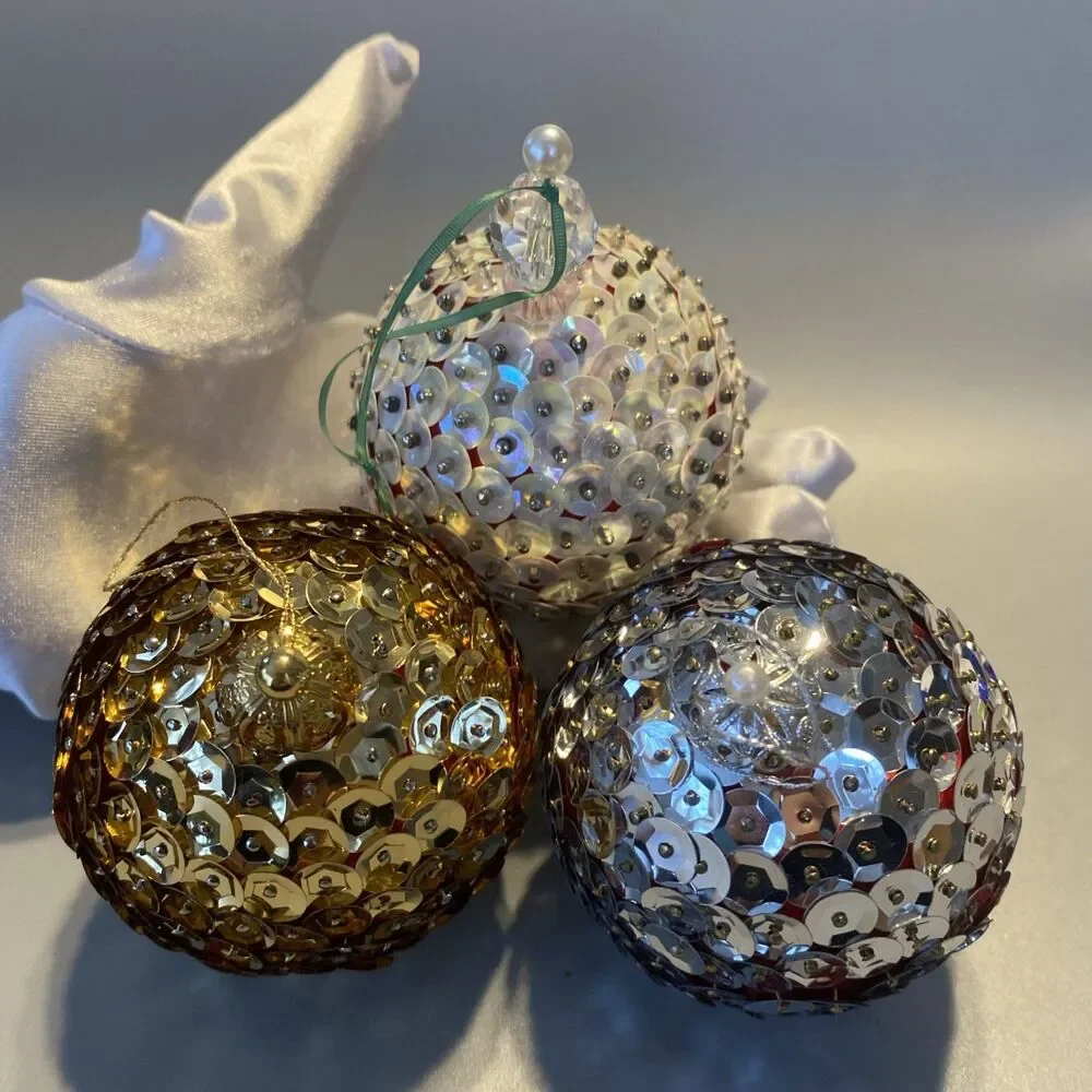 3 Vintage Christmas Sequin Push Pin Ornaments Gold Silver White Ball Handmade